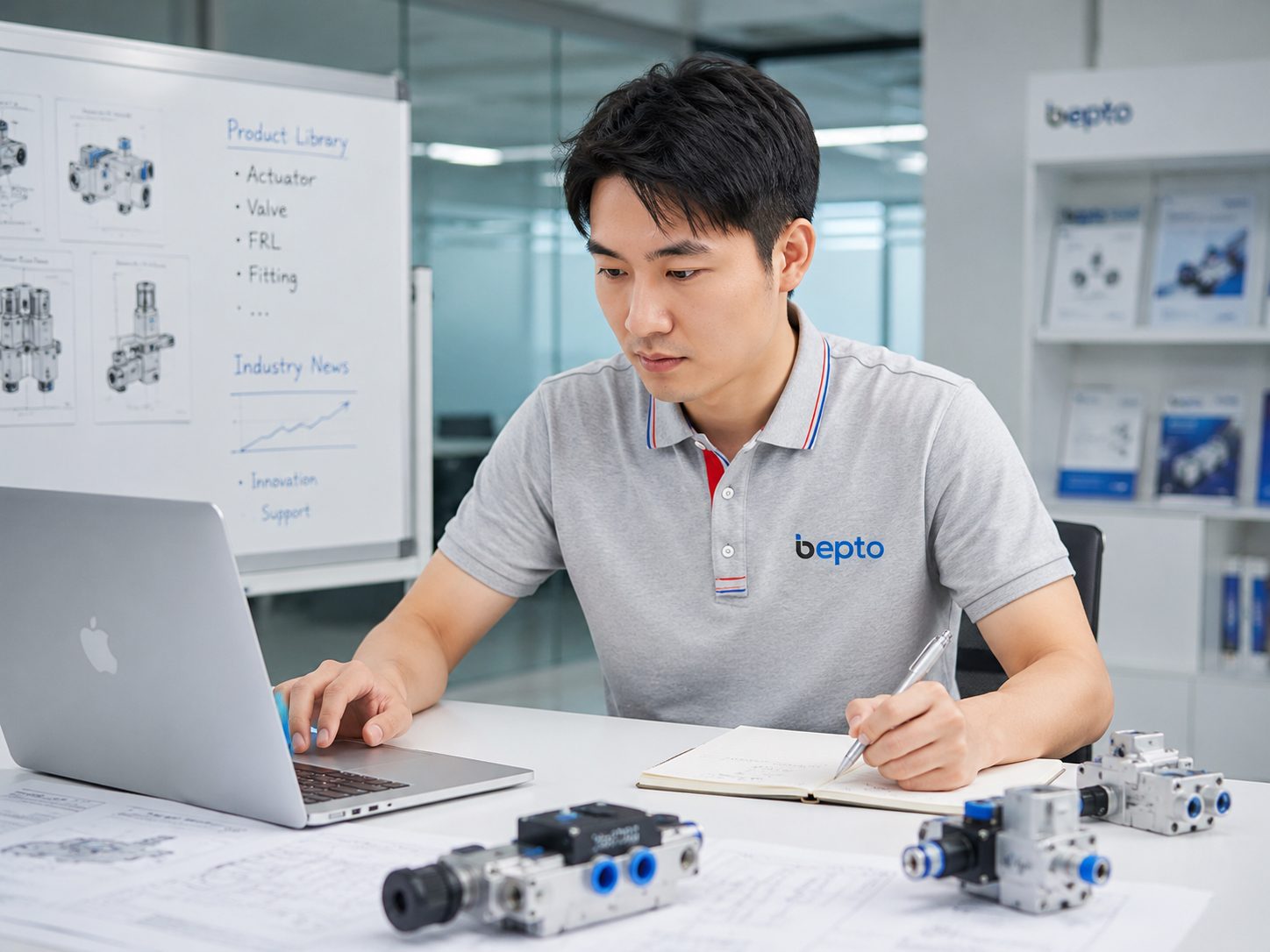Bepto Pneumatic engineer reviewing pneumatic valve products, drawings, and application notes