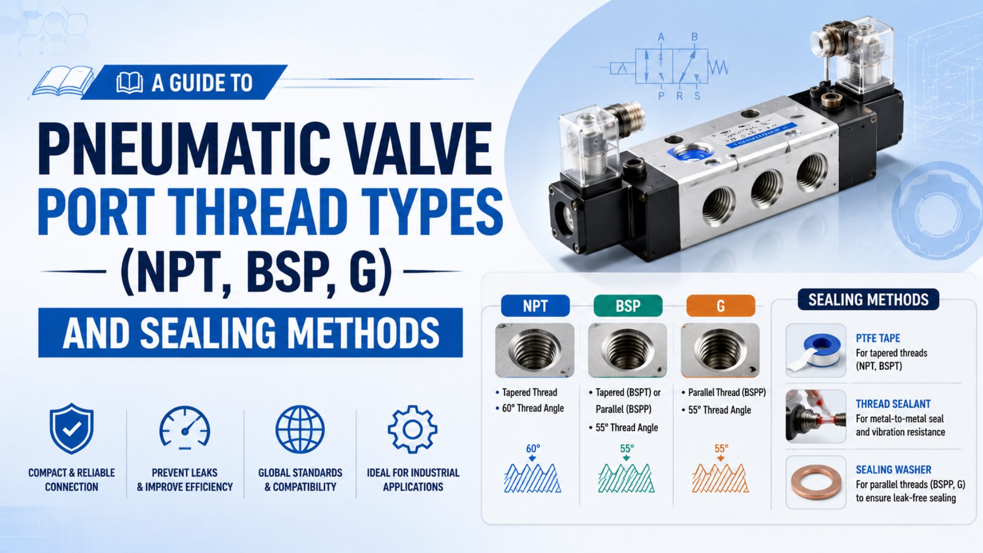 A Guide to pneumaitc Valve Port Thread Types (NPT, BSP, G) and Sealing Methods featured image