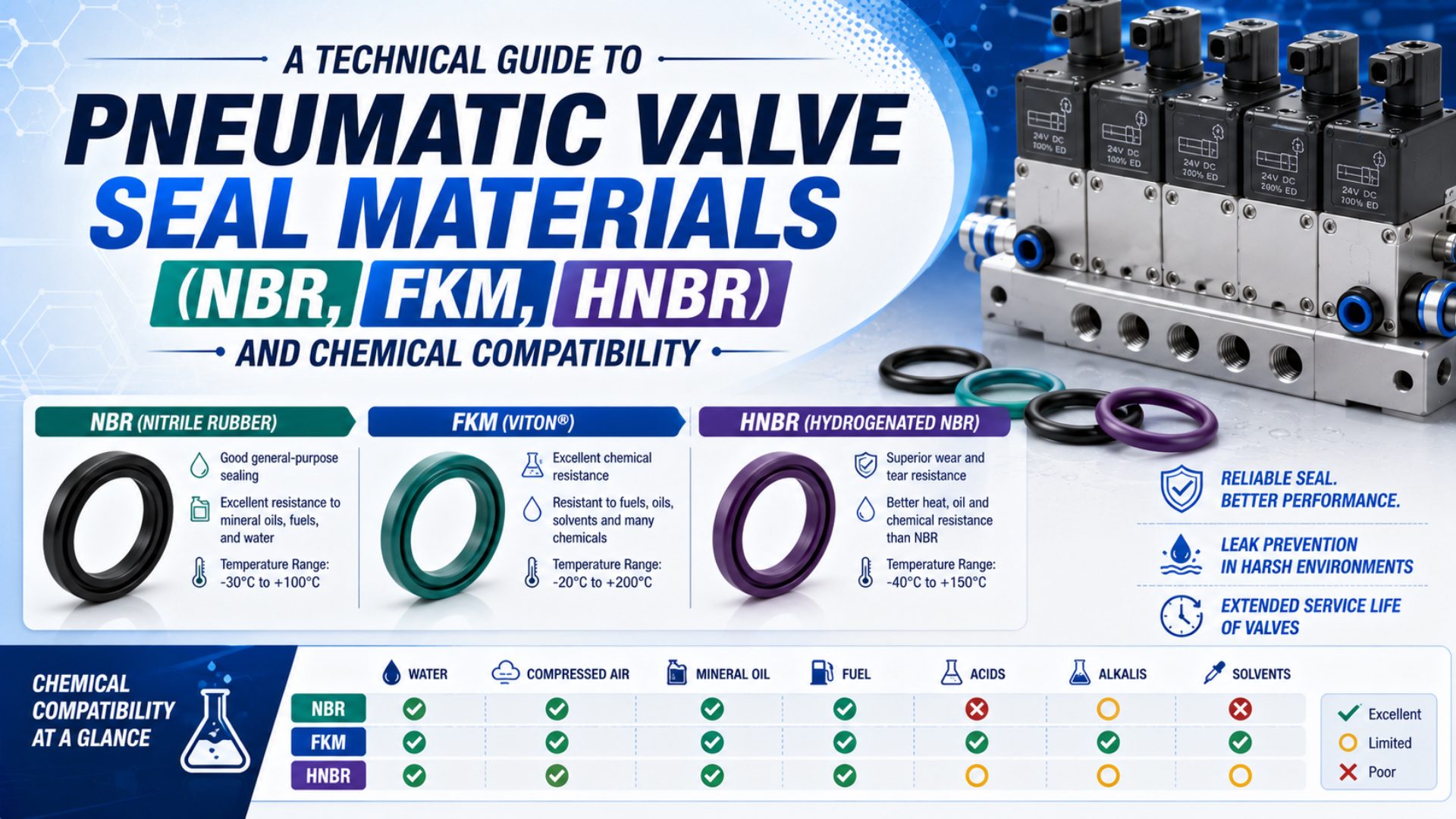 A Technical Guide to Pneumatic Valve Seal Materials (NBR, FKM, HNBR) and Chemical Compatibility featured image