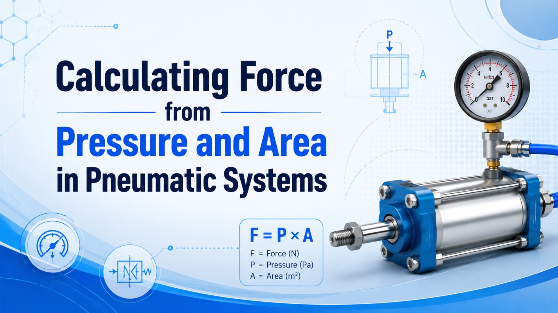 Pneumatic cylinder force worksheet showing pressure, piston area, rod area, and bore sizing calculations