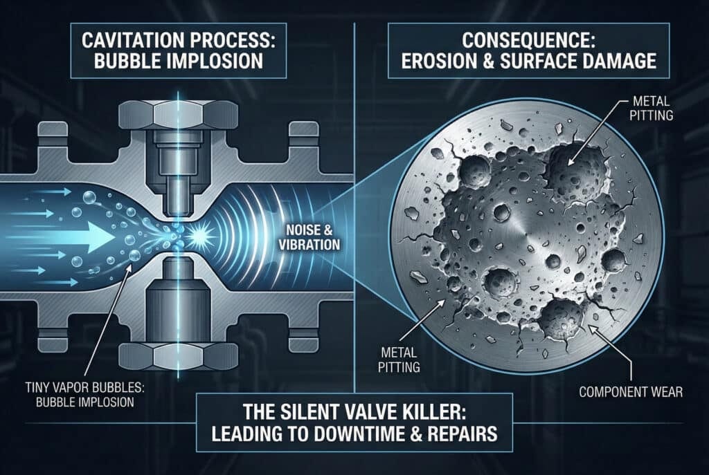 Liquid cavitation through a valve restriction, followed by bubble collapse and metal pitting