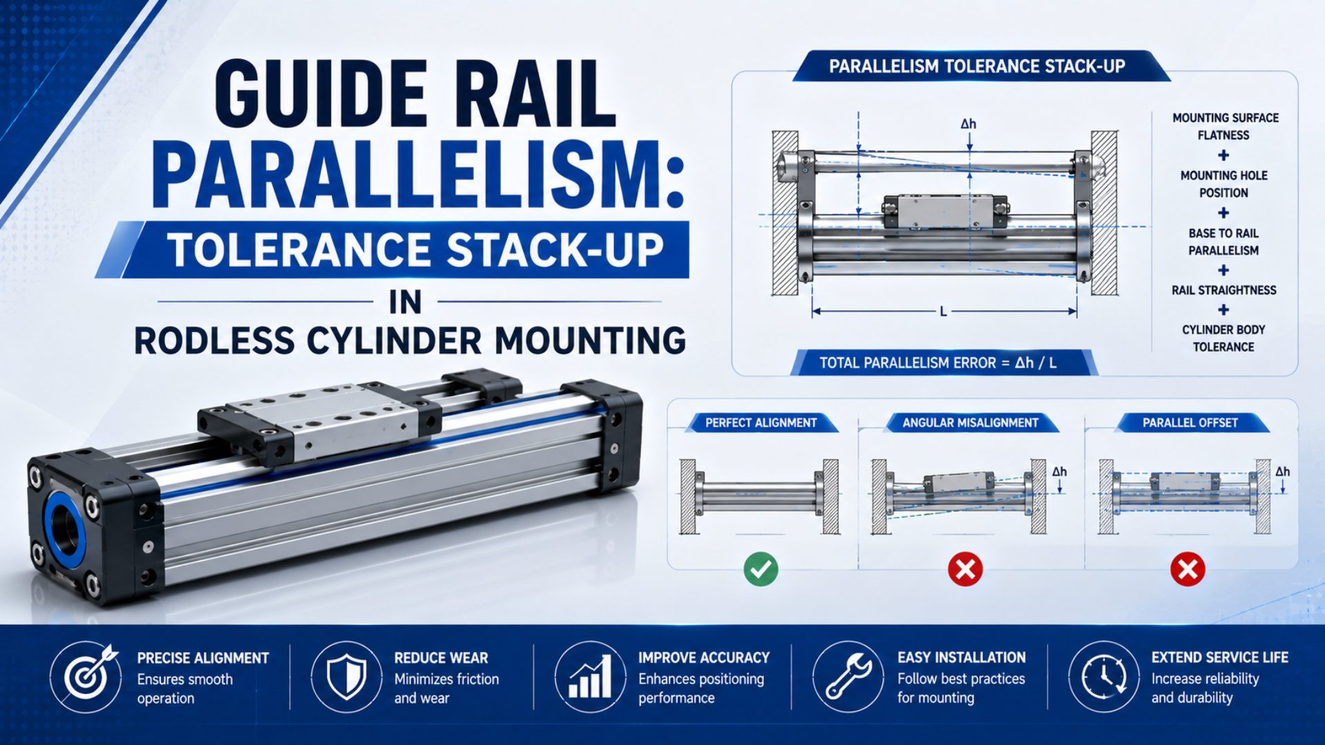 Guide Rail Parallelism: Tolerance Stack-Up in Rodless Cylinder Mounting featured image