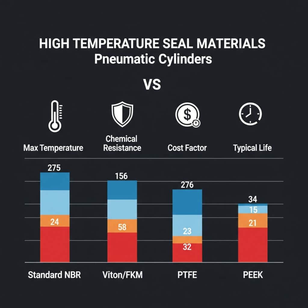 NBR、FKM、PTFE、PEEK 與 FFKM 審查用高溫氣動密封材料比較圖。