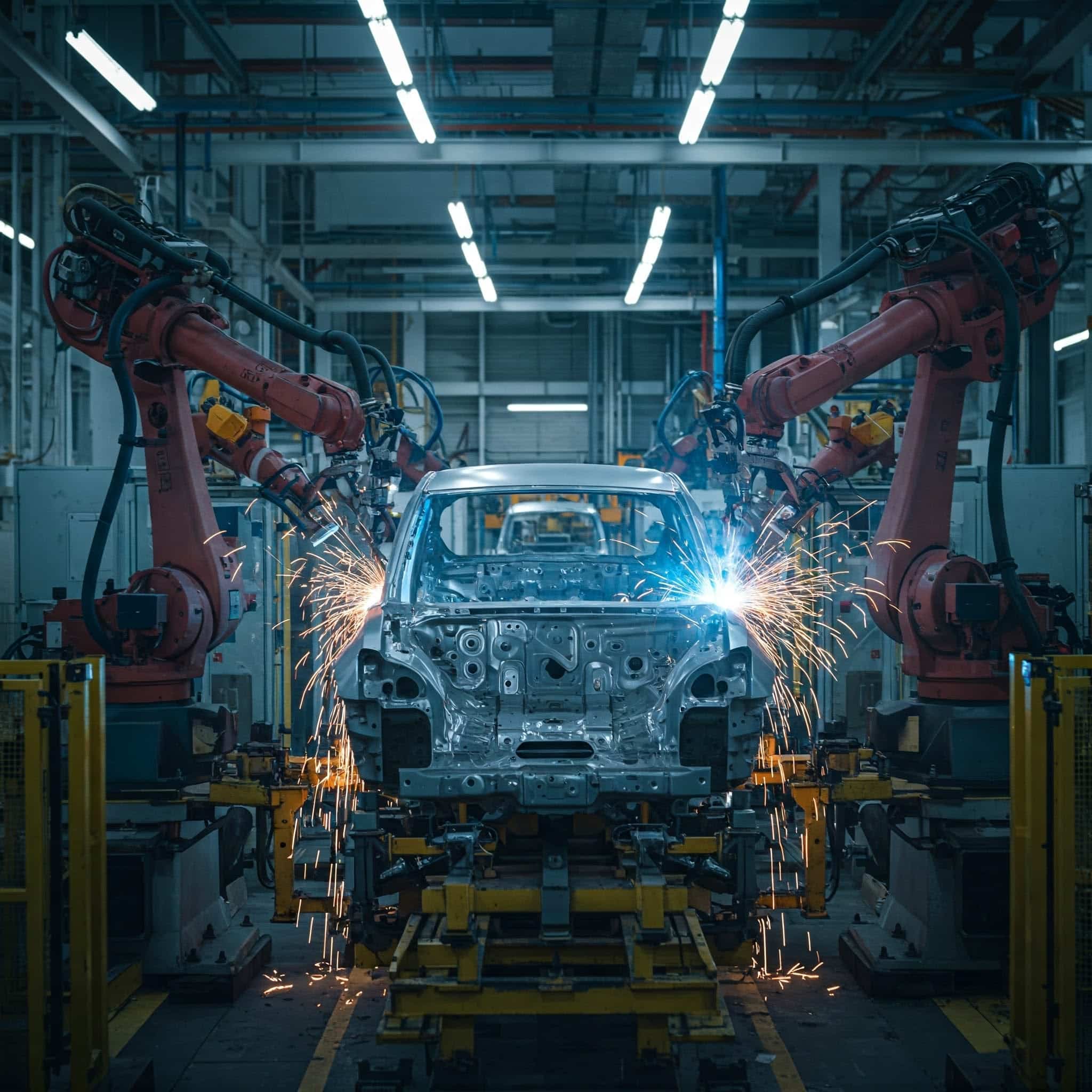 汽車白車身機器人焊接單元的應用背景；圖片中未顯示無桿致動器