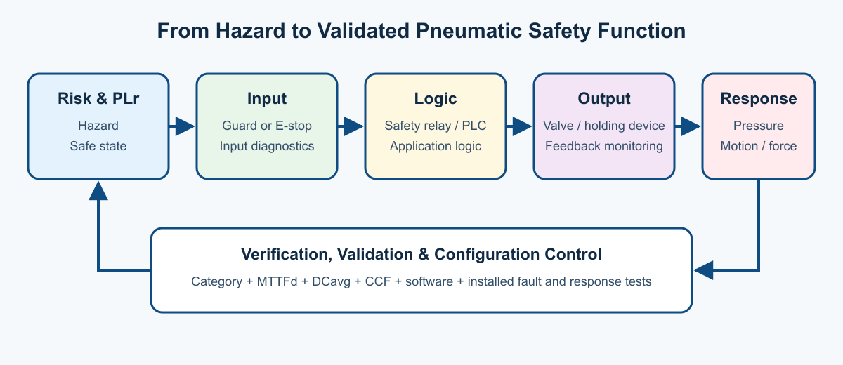 從風險評估與 PLr，經輸入、邏輯、氣動輸出、機台反應到確效的 ISO 13849 工程鏈