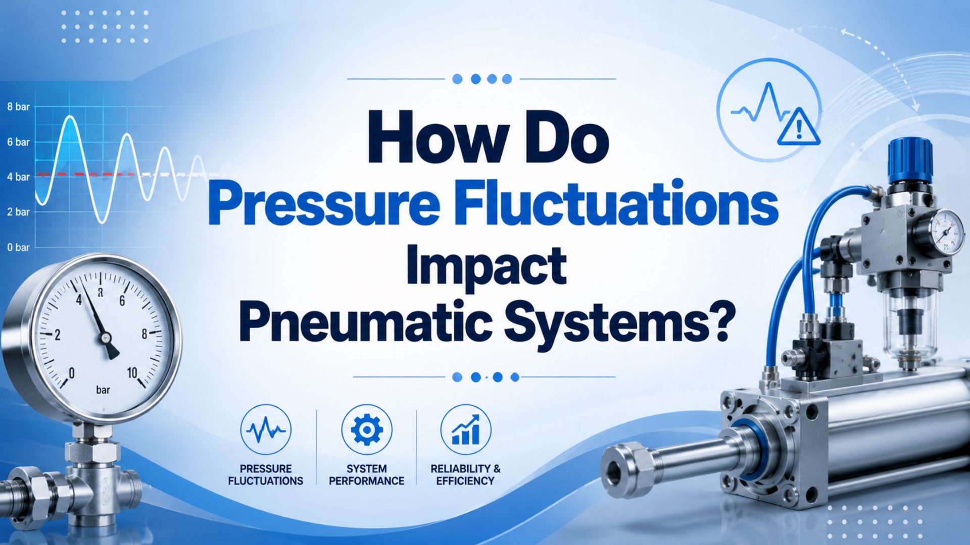 Pressure gauge, FRL regulator, tubing, and pneumatic actuator layout used to diagnose pressure fluctuations in an industrial air system