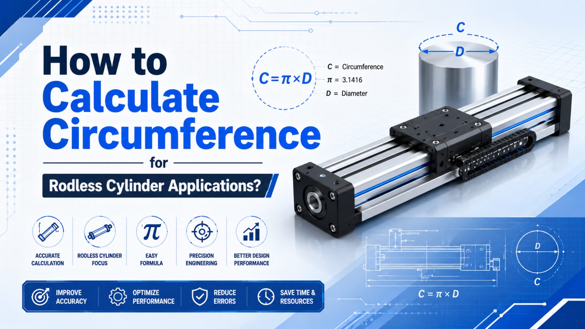 Rodless cylinder bore and outside diameter measurement for circumference calculation