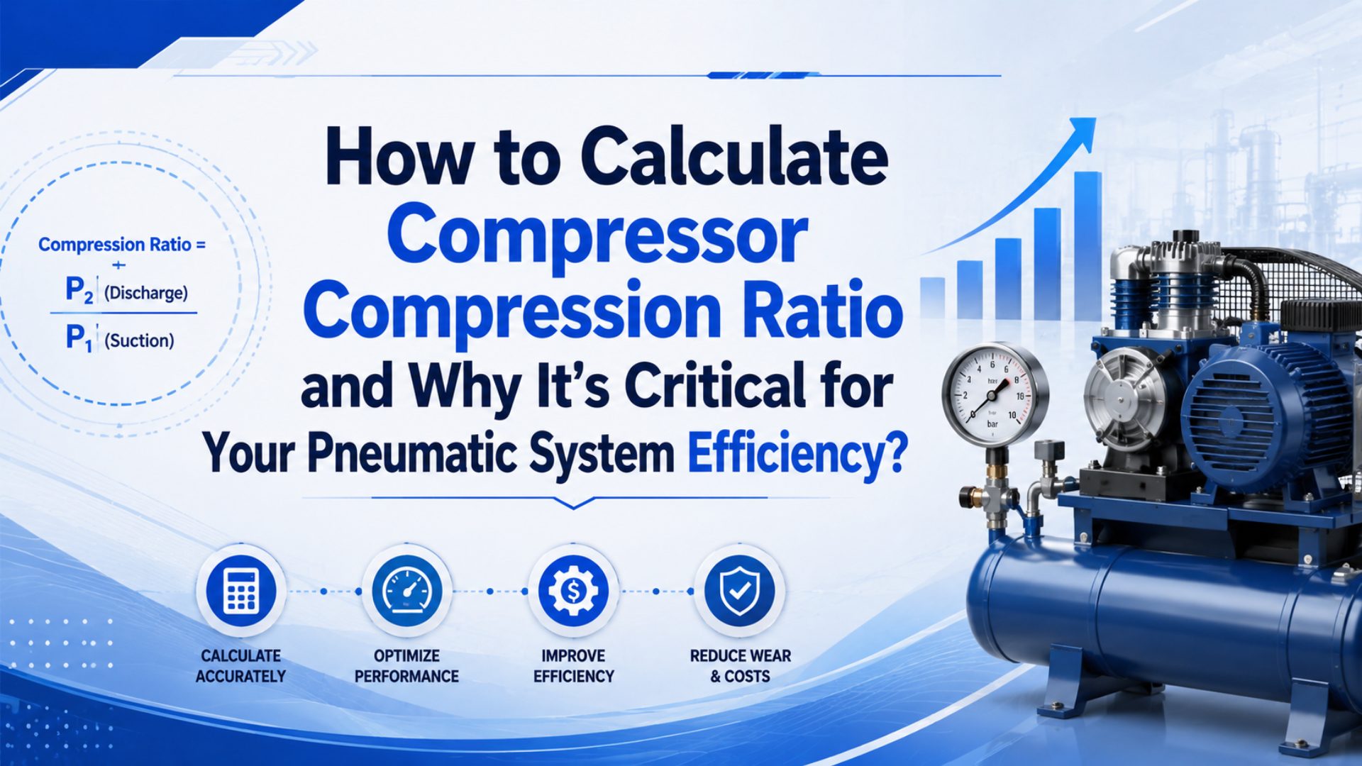Compressor pressure gauges and absolute-pressure ratio formula for pneumatic system efficiency checks