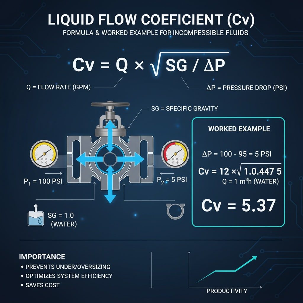 液體 Cv 公式計算範例，顯示 12 gpm 水流量與 5 psi 壓降