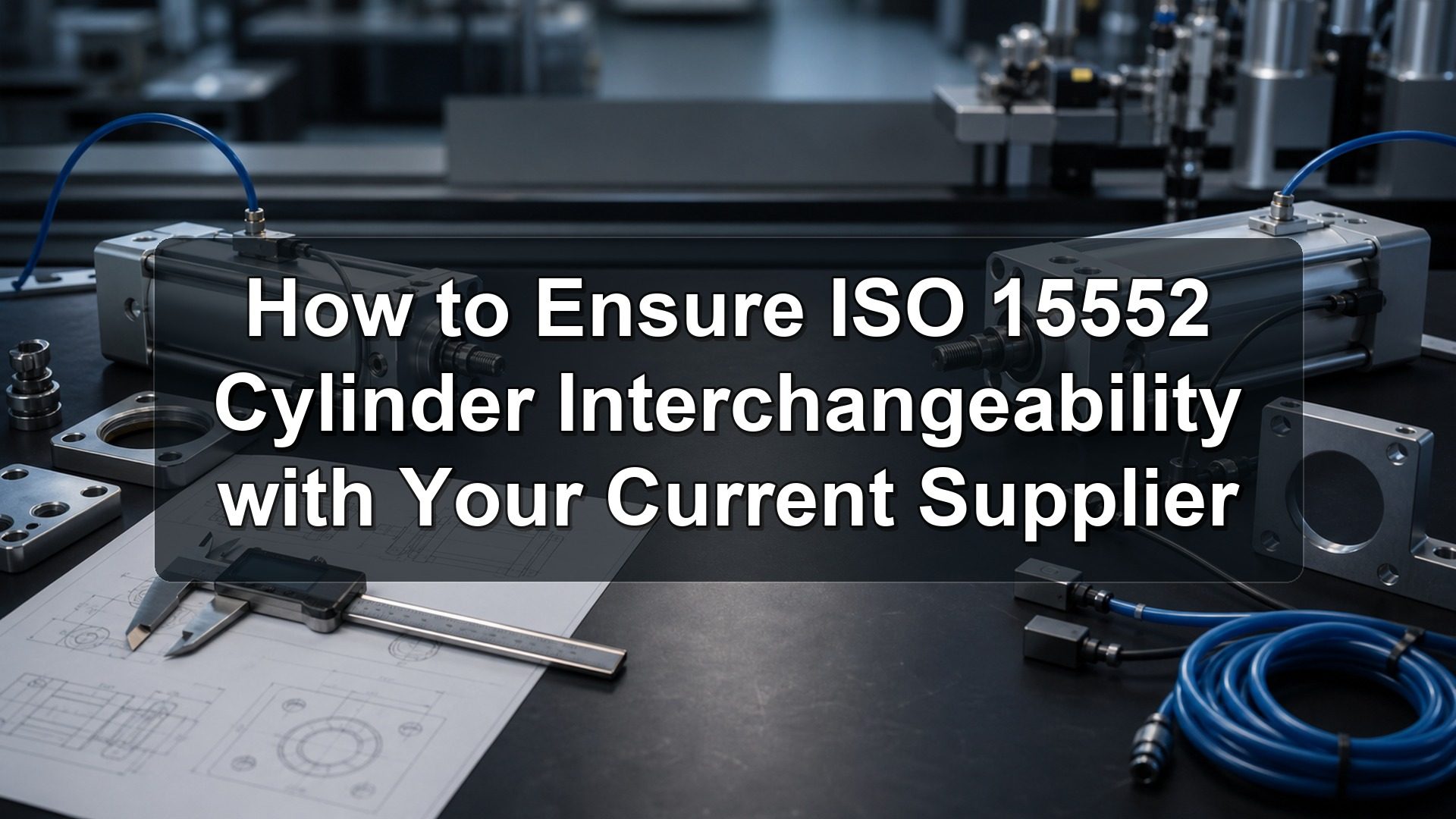 Two ISO 15552 pneumatic cylinders compared on an engineering inspection bench