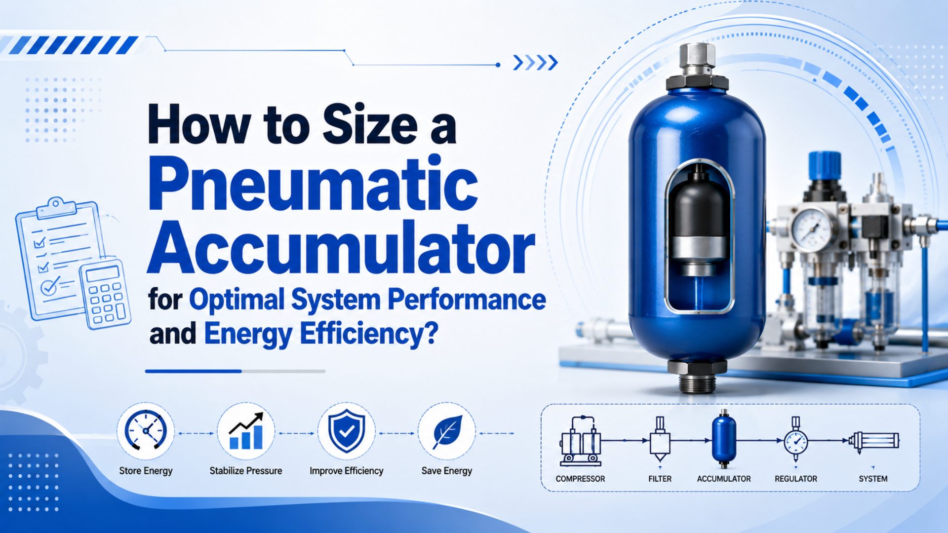 Pneumatic accumulator and air receiver sizing worksheet with pressure gauges, receiver tank, compressor flow, and peak demand notes