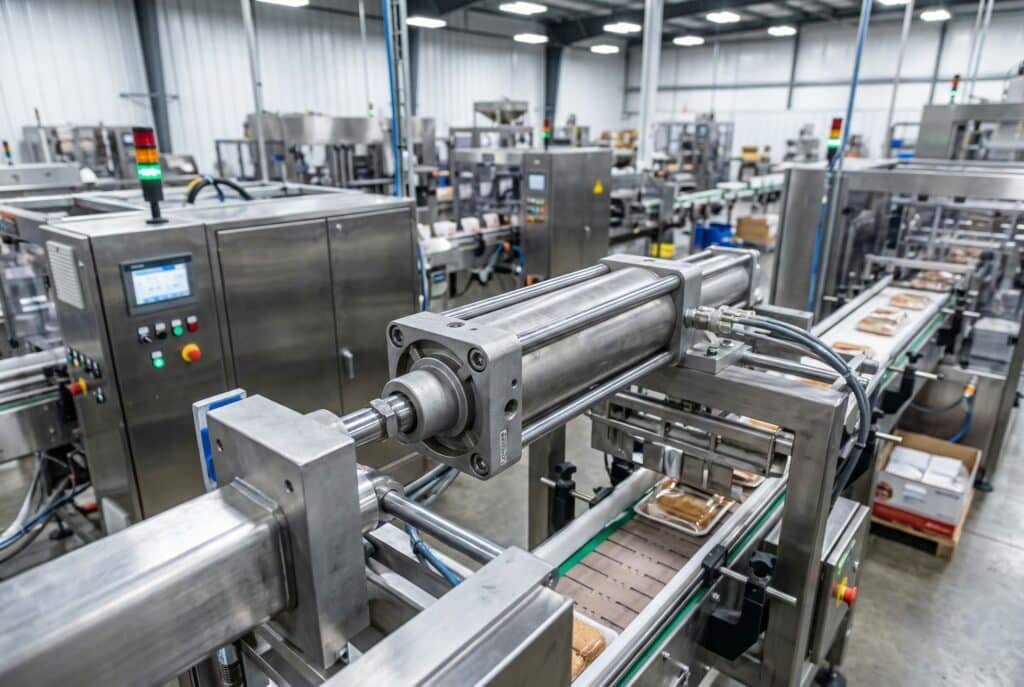 安裝在自動化生產線上的氣動氣缸,適用於連續製造工作