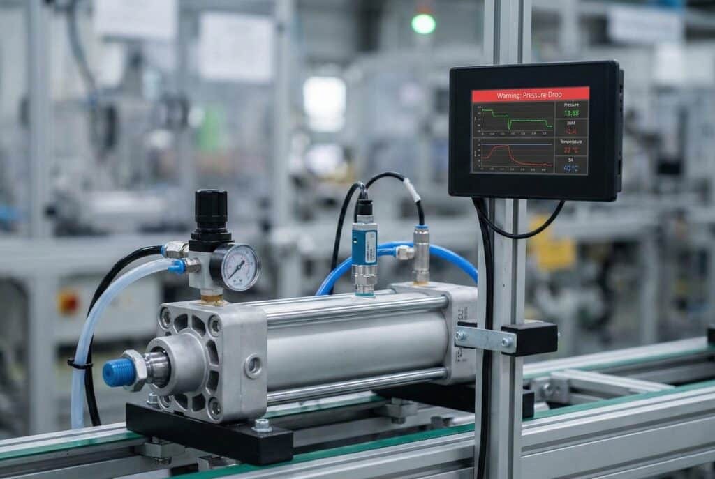 裝有壓力感測器與數位顯示器的氣動氣缸，用來比較可重複機台循環中的壓力行為