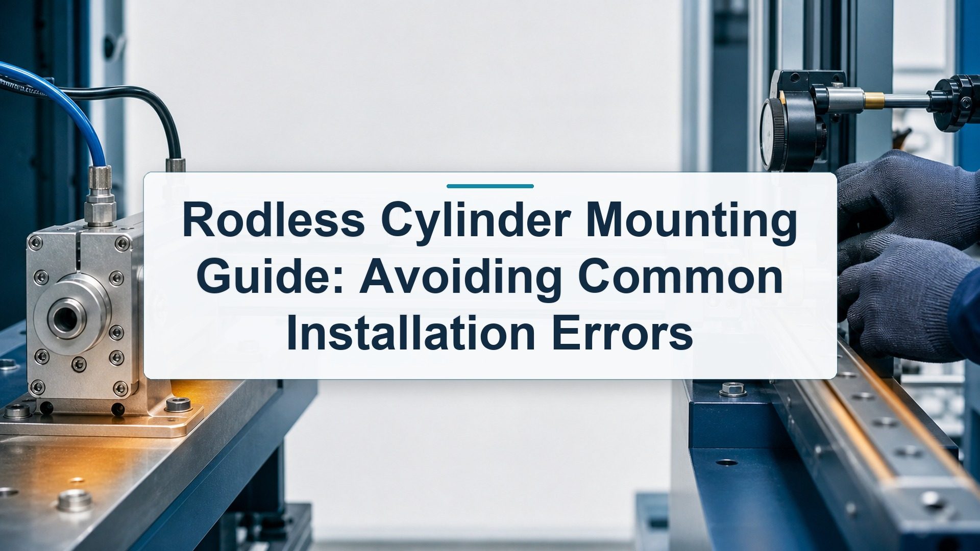 Engineer aligning a mechanically coupled rodless cylinder on a rigid machine frame with end mounts, intermediate support, and an external guide