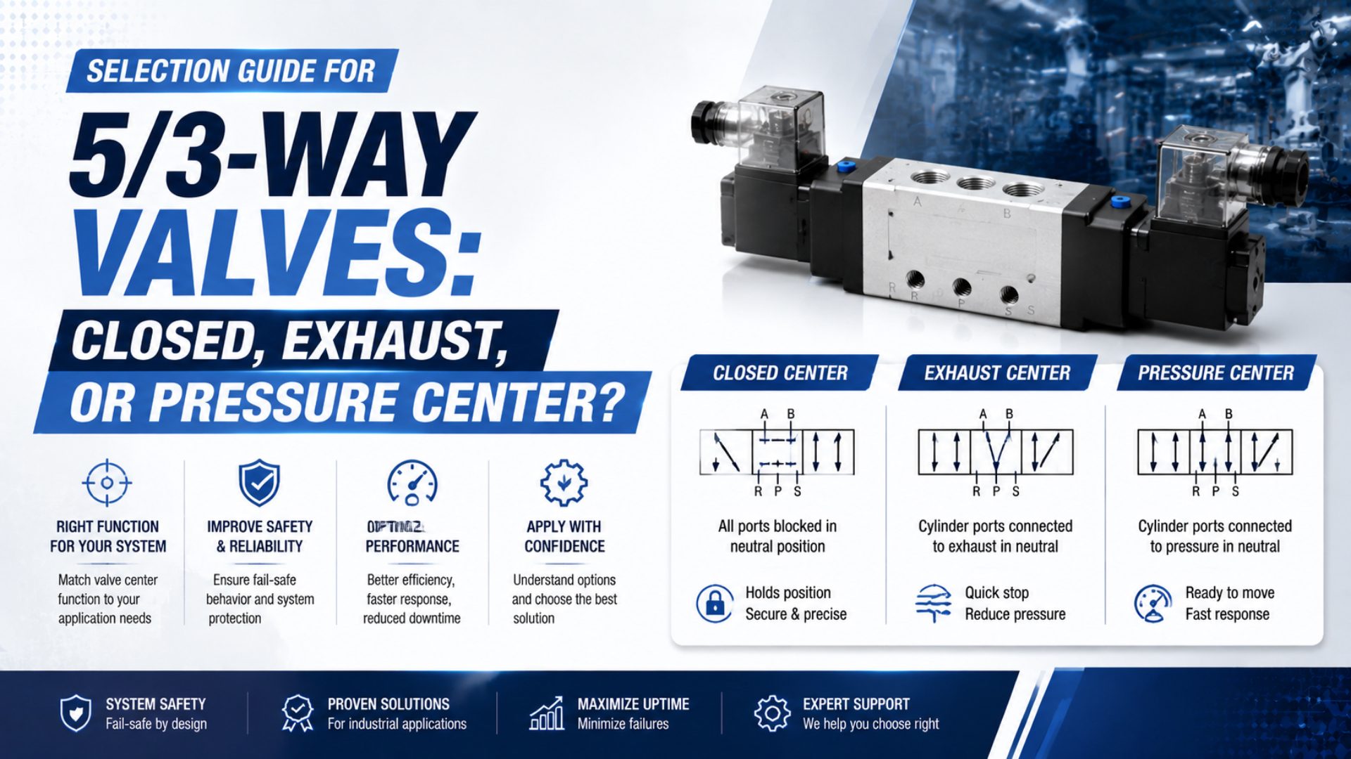 Selection Guide for 5/3-Way Valves: Closed, Exhaust, or Pressure Center? featured image