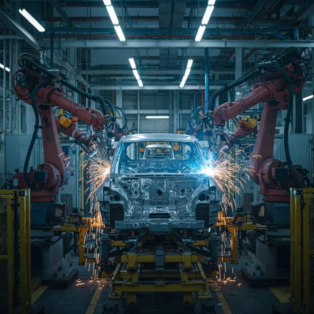 汽車車身工場中的機器人焊接工作站，關鍵工作站故障時相依作業可能停機