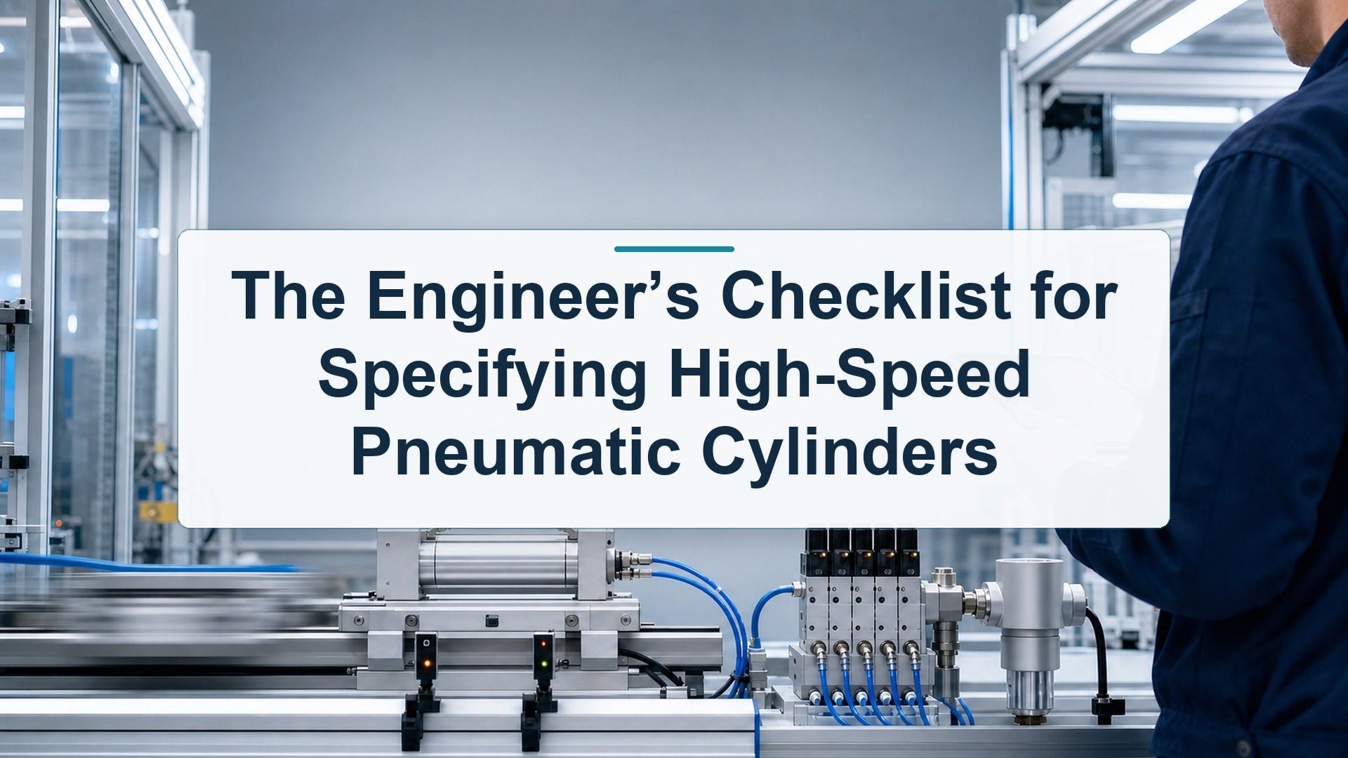 Engineer reviewing a high-speed pneumatic cylinder specification beside an automated motion test bench