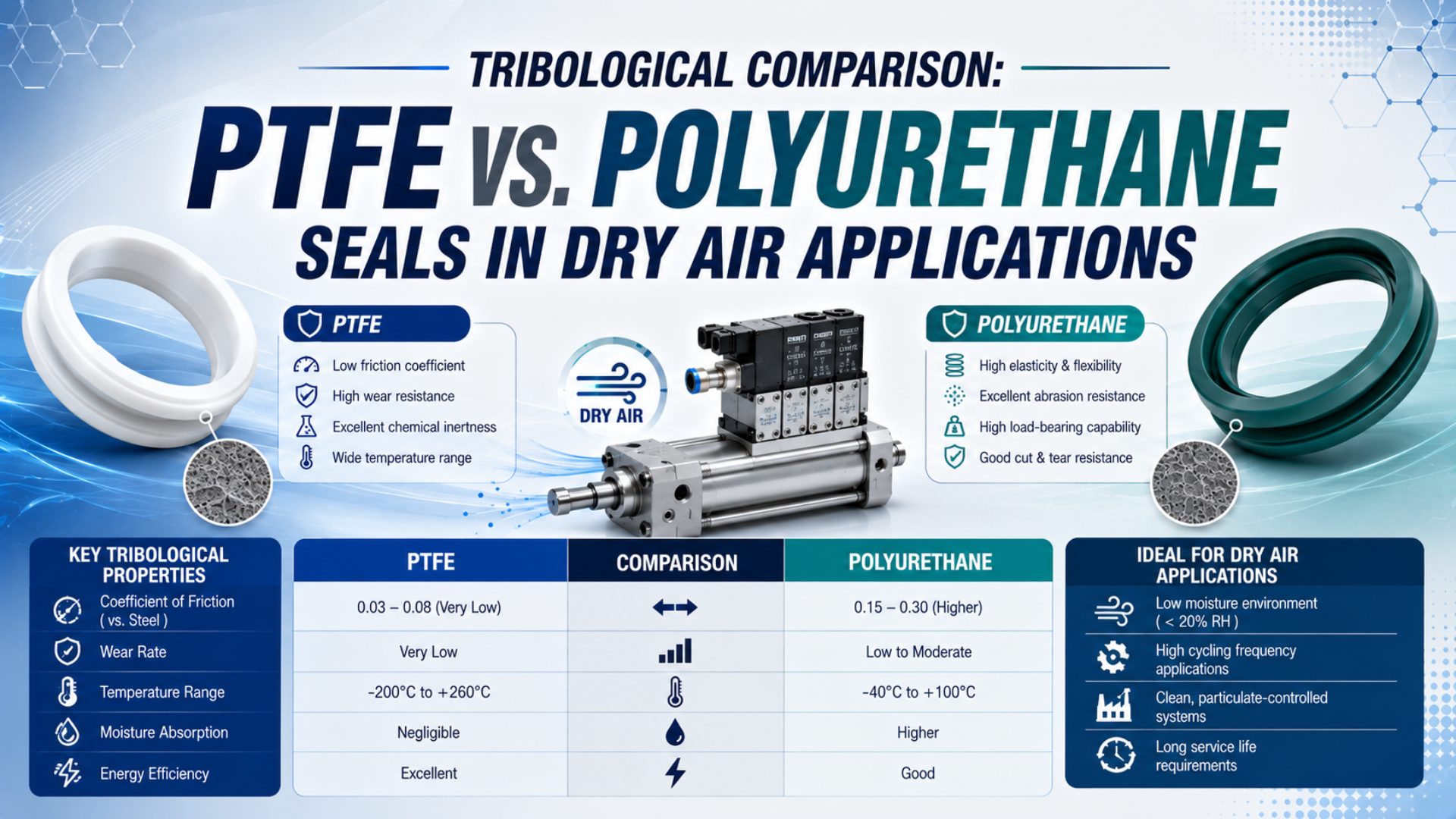 Tribological Comparison: PTFE vs. Polyurethane Seals in Dry Air Applications featured image