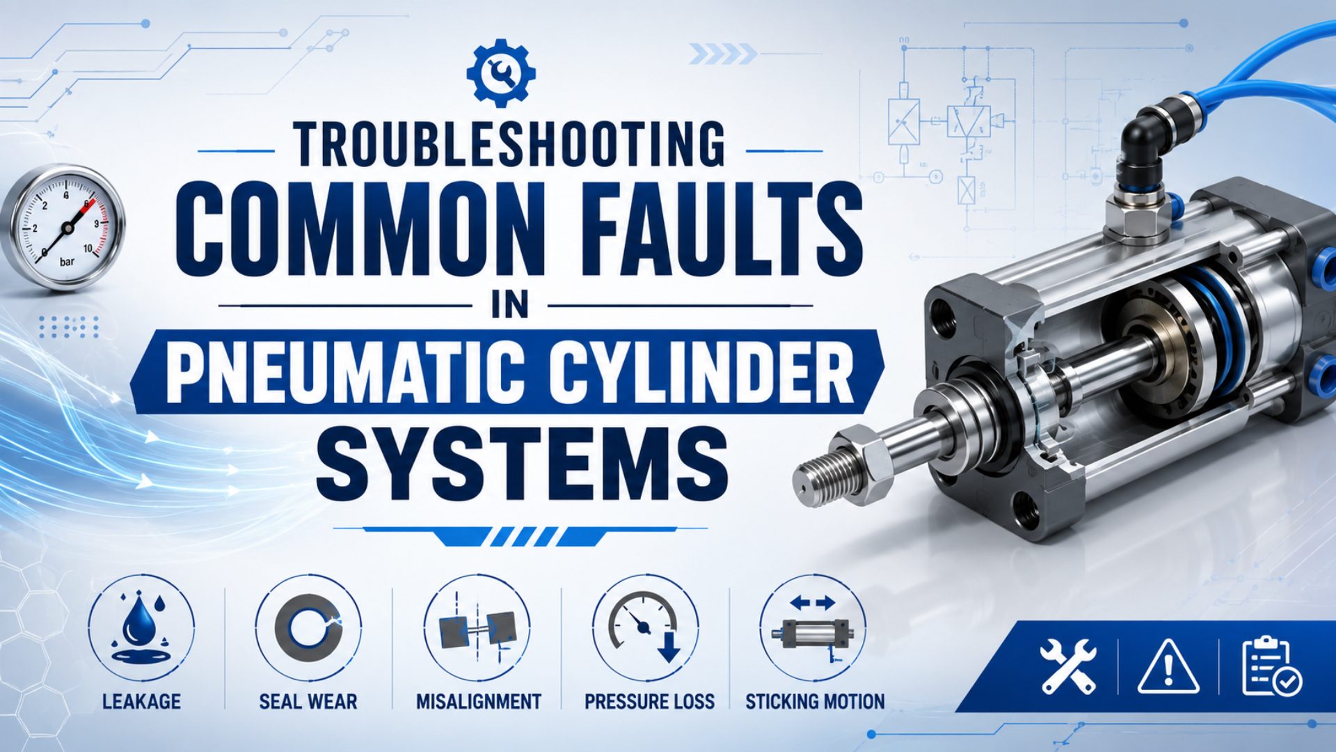 Maintenance engineer comparing dynamic pressure readings, valve condition, and cylinder motion during pneumatic fault diagnosis