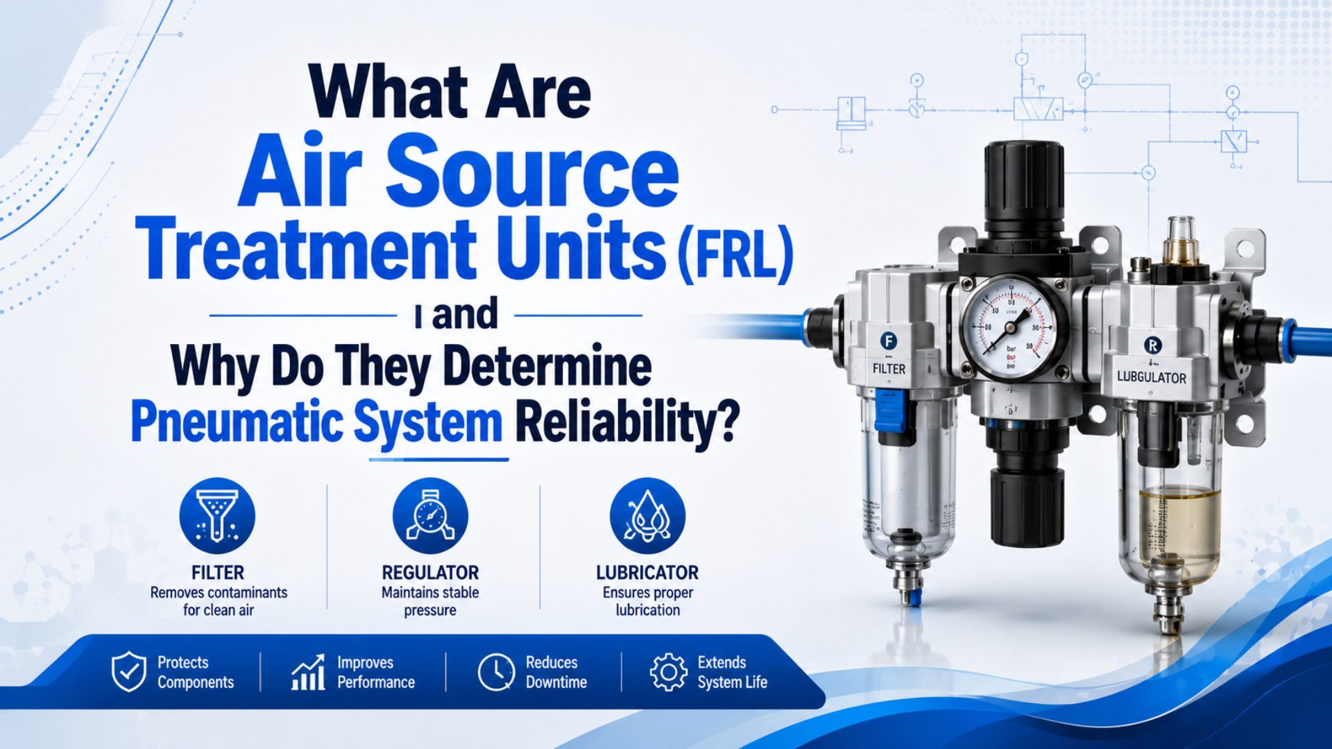 Filter regulator lubricator air source treatment unit with pressure gauge, drain bowl, and pneumatic tubing for point-of-use air preparation