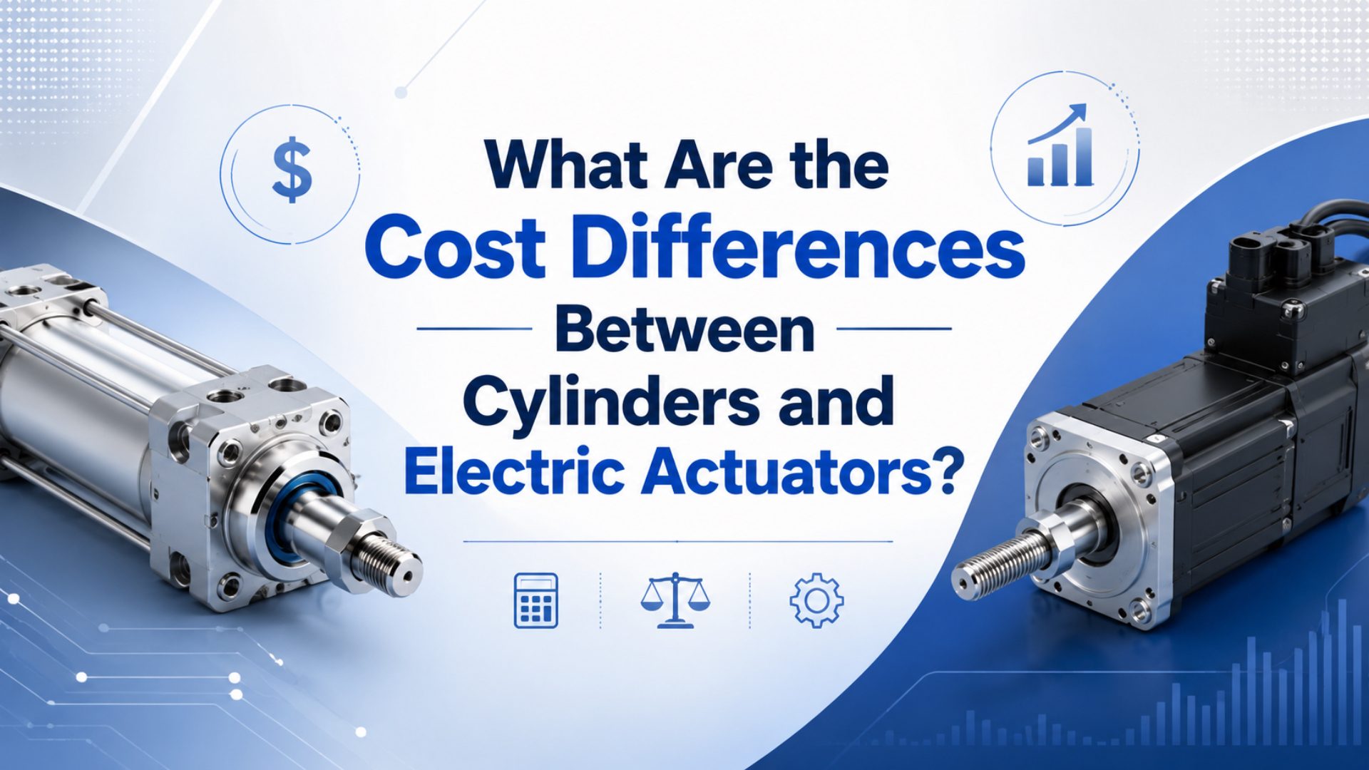 Cost worksheet comparing pneumatic cylinders, electric actuators, compressed air energy, installation, maintenance, and control hardware