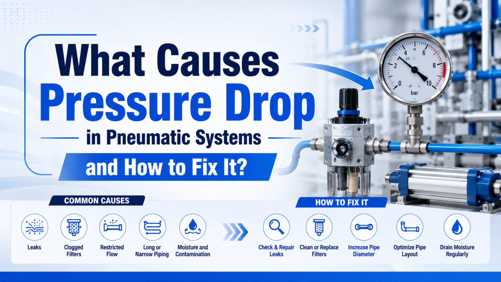 Compressed air piping, FRL units, pressure gauges, and pneumatic actuators used to diagnose pressure drop in an industrial pneumatic system
