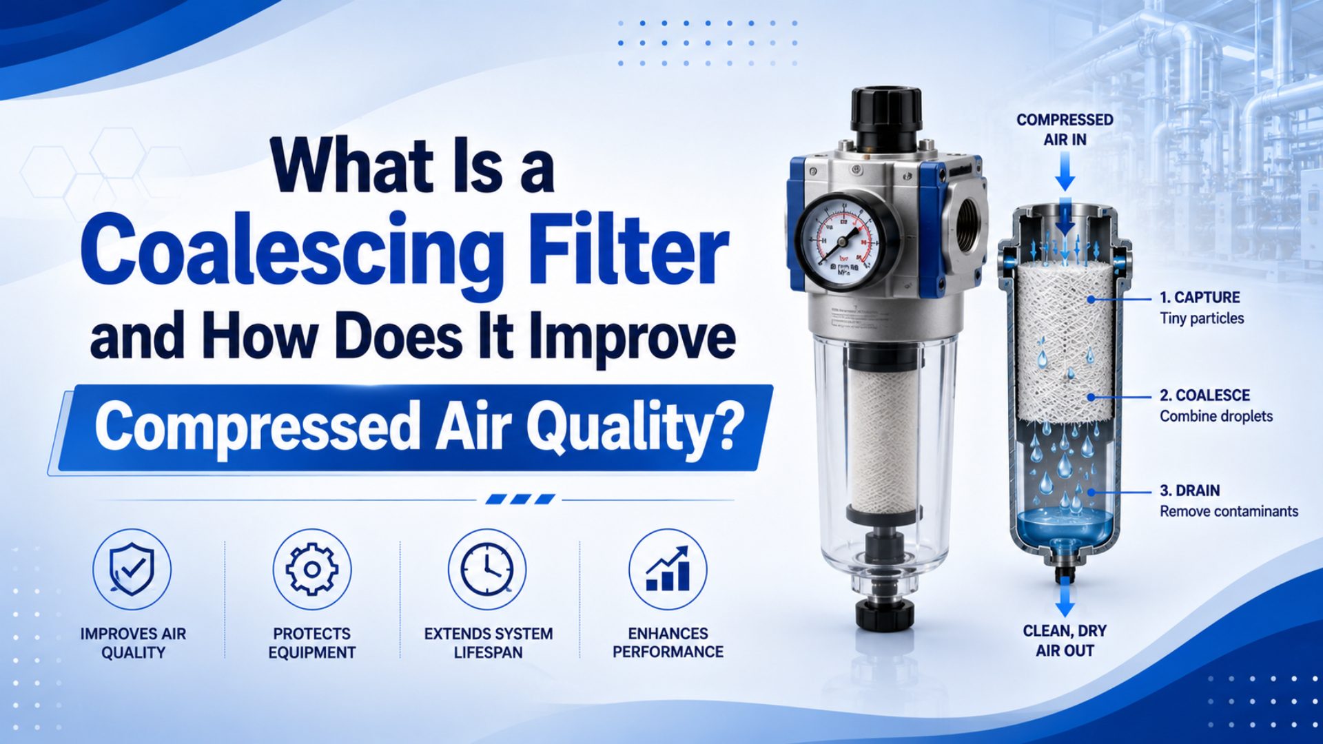Coalescing filter and compressed air treatment setup for oil aerosol removal, condensate drainage, pressure drop control, and ISO 8573-1 air quality checks