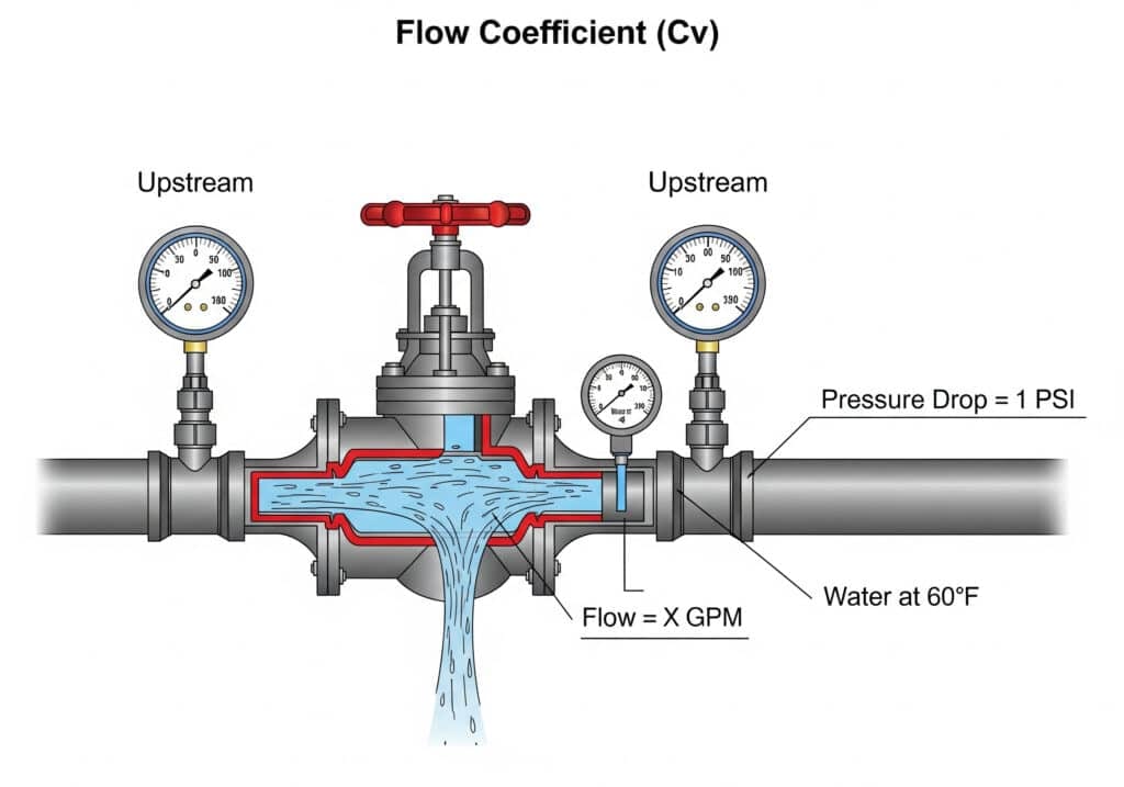 技術圖示說明流量係數 Cv，顯示 60 F 的水以 1 psi 壓降流過閥件。
