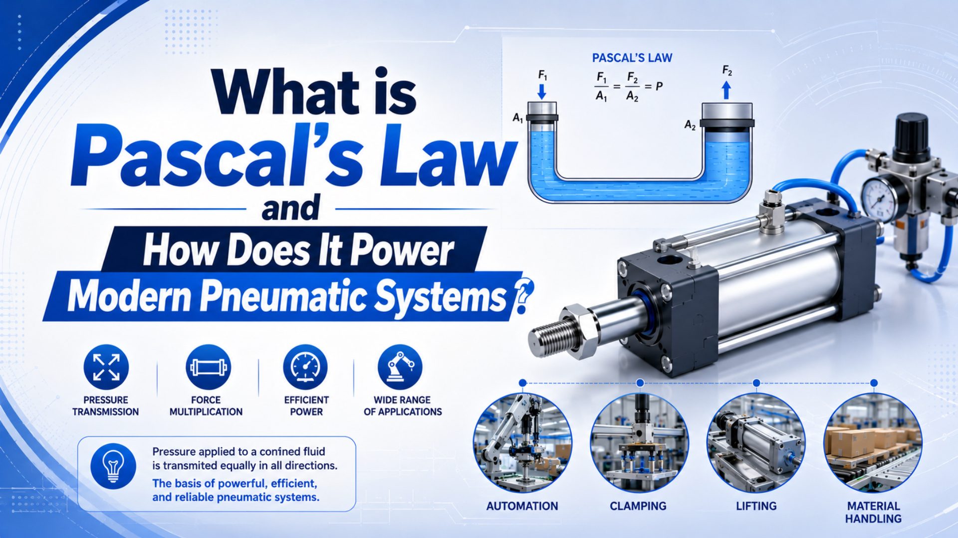 Rodless pneumatic cylinder with pressure gauges showing Pascal's Law force calculation in a modern automation system