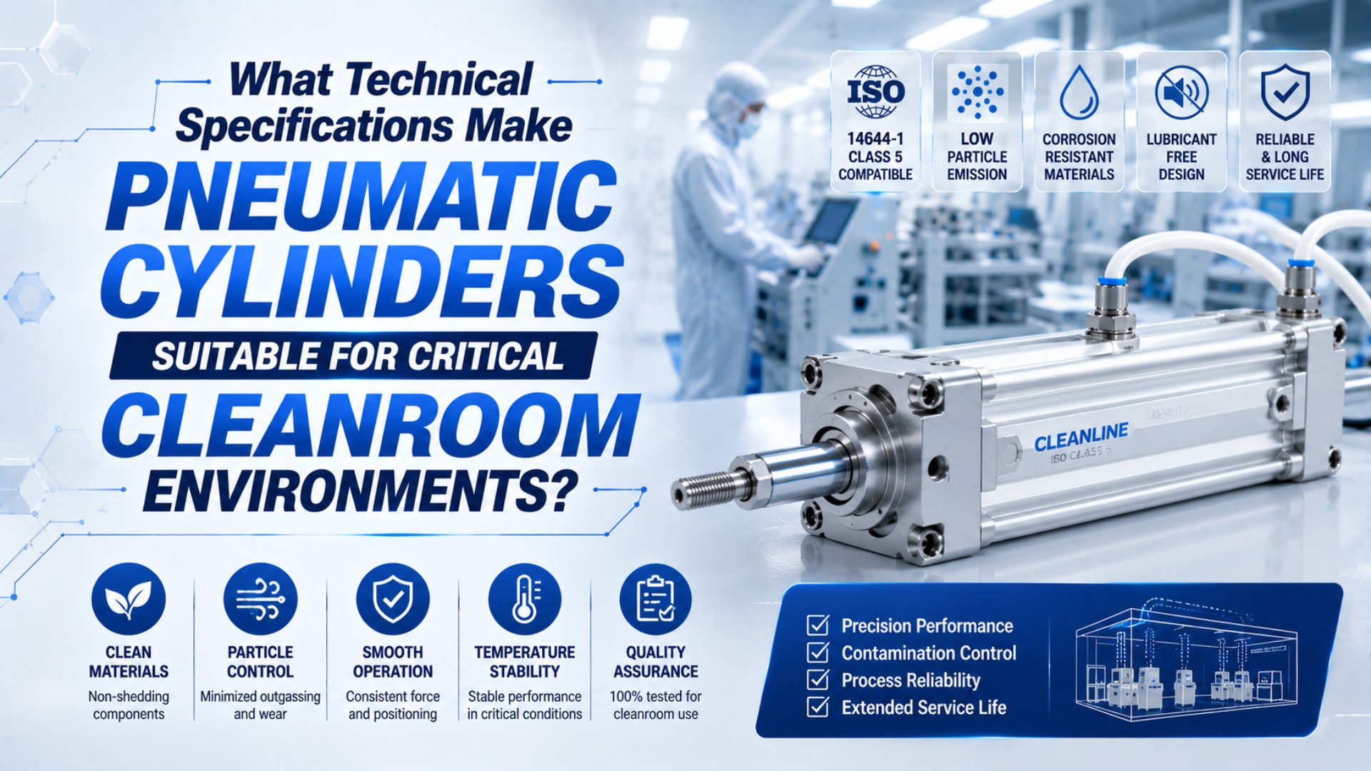 Stainless steel pneumatic cylinder illustrating material selection for a cleanroom application