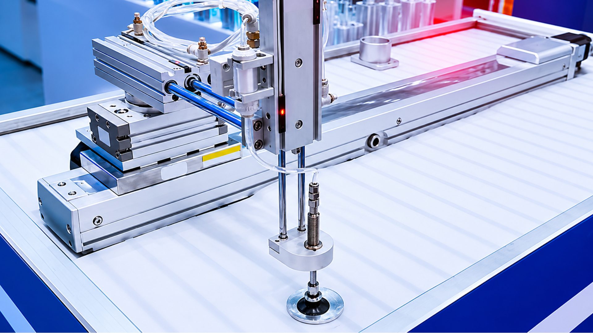 Double rod pneumatic cylinder pick and place unit with stable guided movement