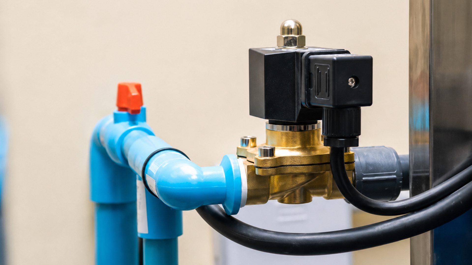 Fluid solenoid valve installed in a utility media line