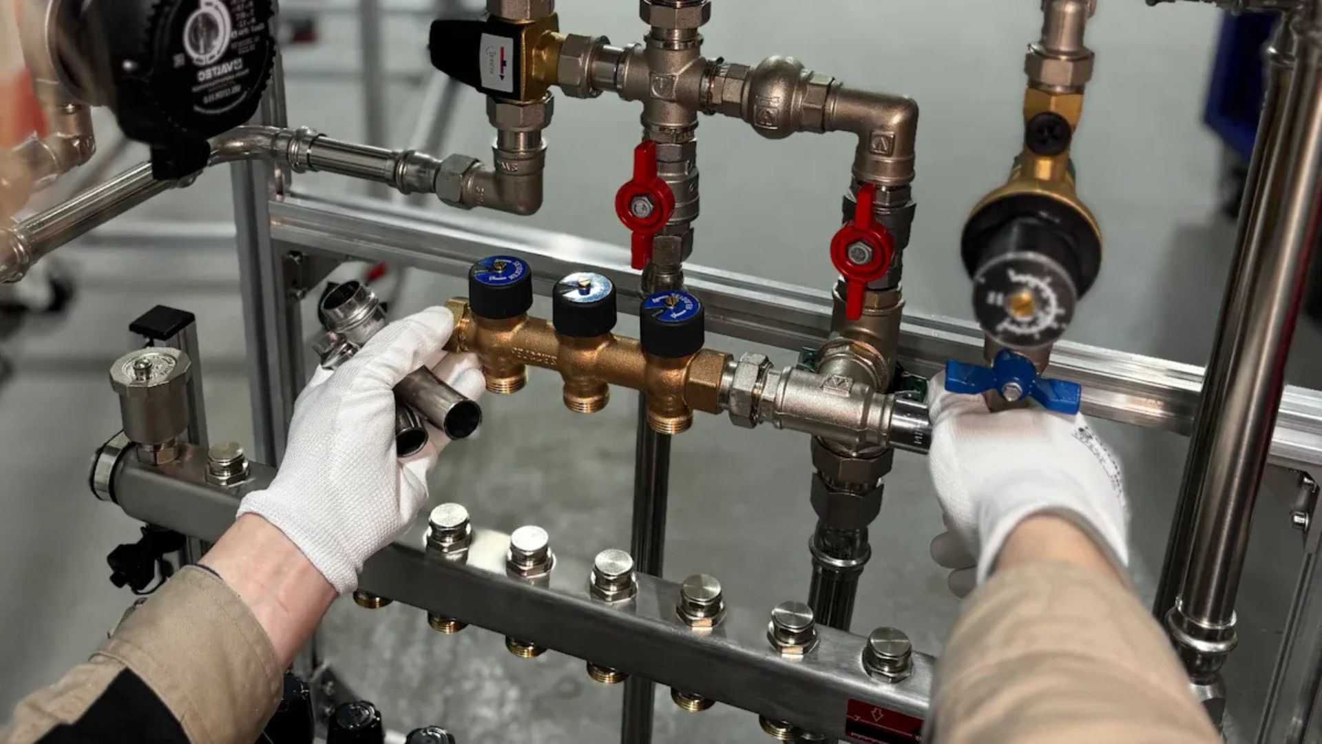 Bepto Pneumatic utility media shutoff line with fluid valves and pipe connections