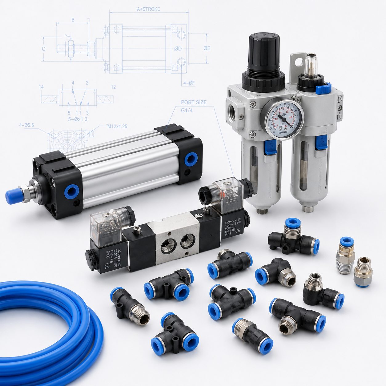 Pneumatic components and technical document references for Bepto Pneumatic service review