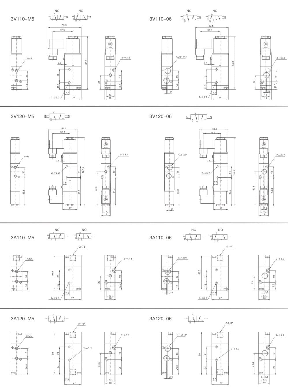 100 Series 3V and 3A mounting dimension drawing
