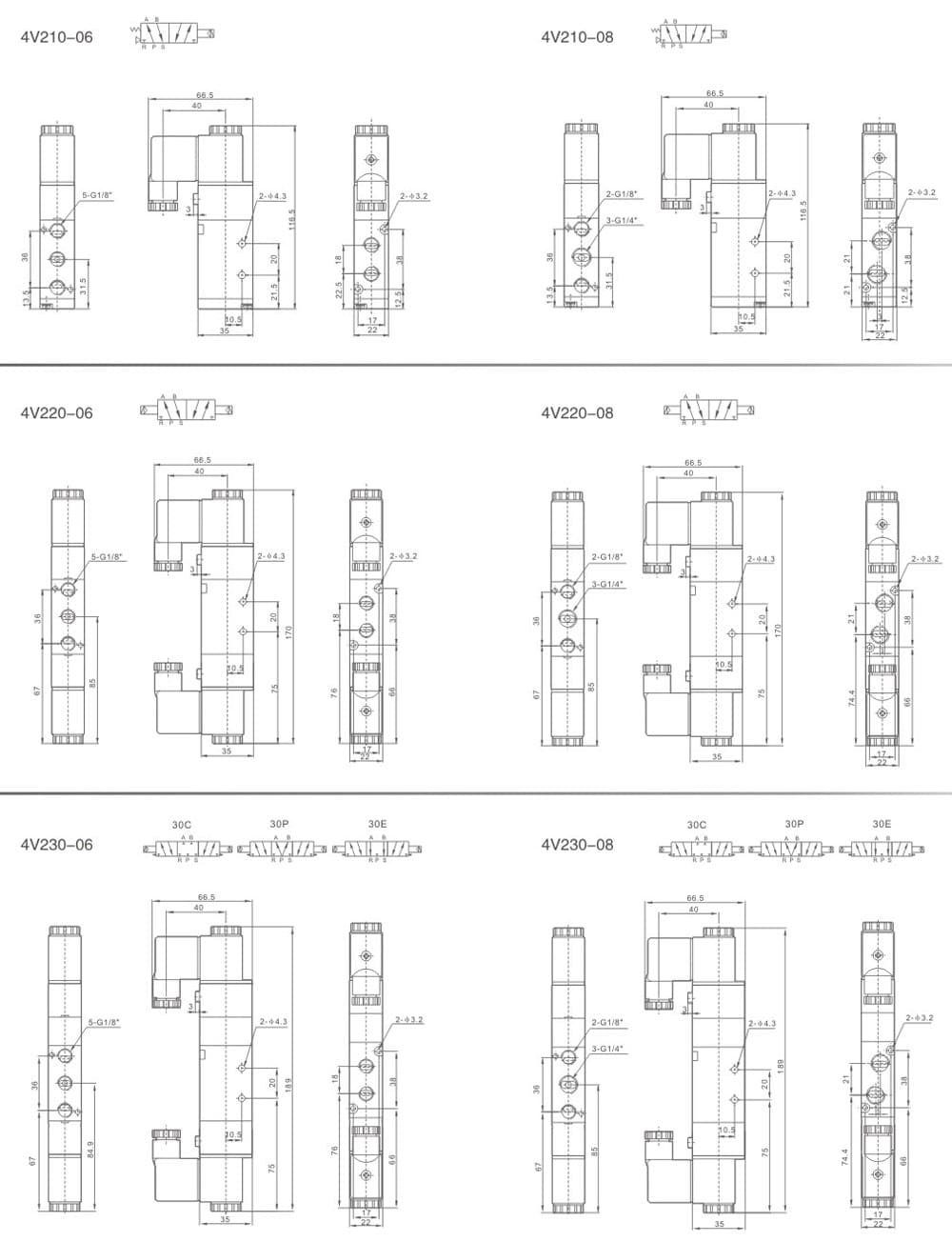 200 Series 4V solenoid valve mounting dimension drawing