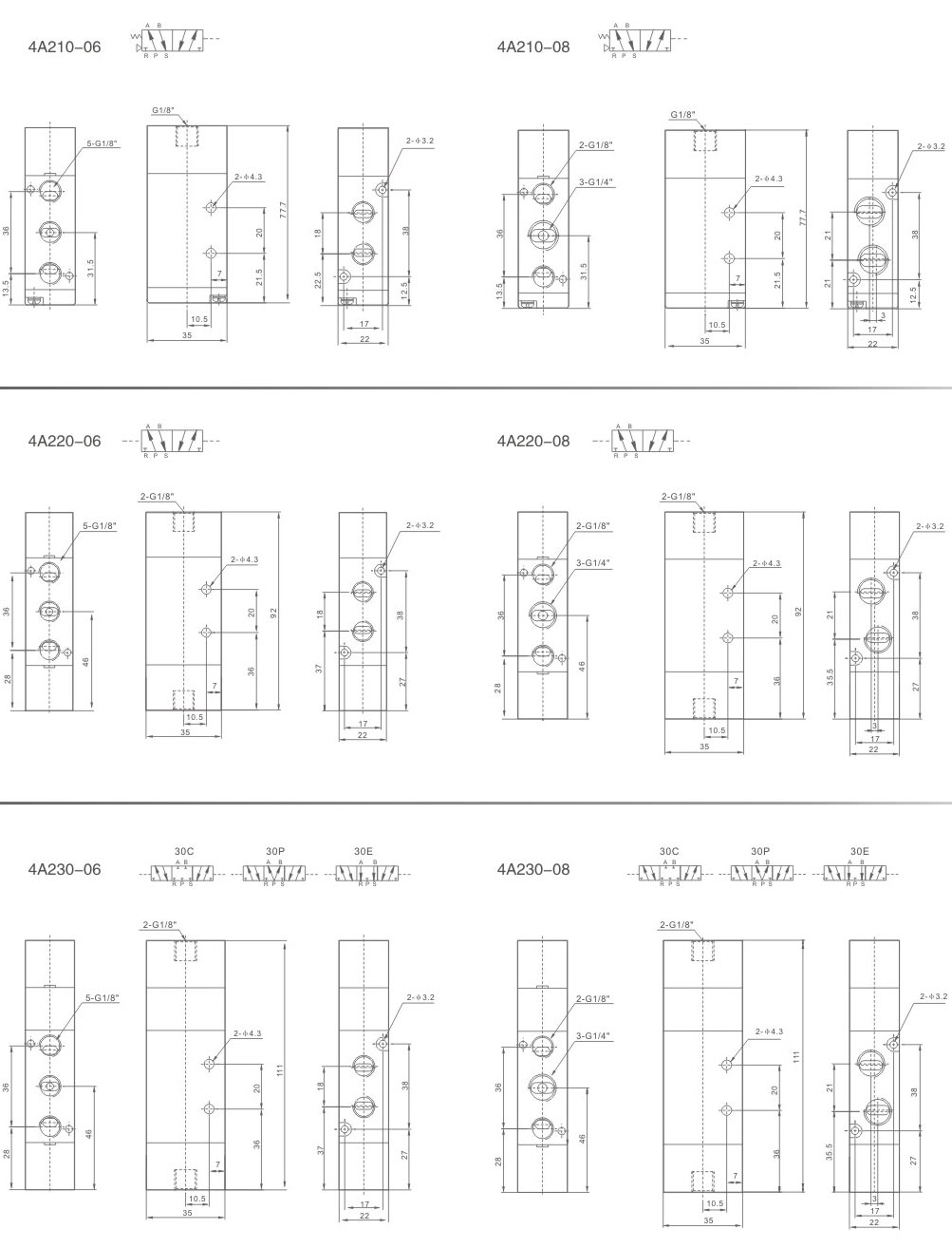 200 Series 4A air-piloted valve mounting dimension drawing
