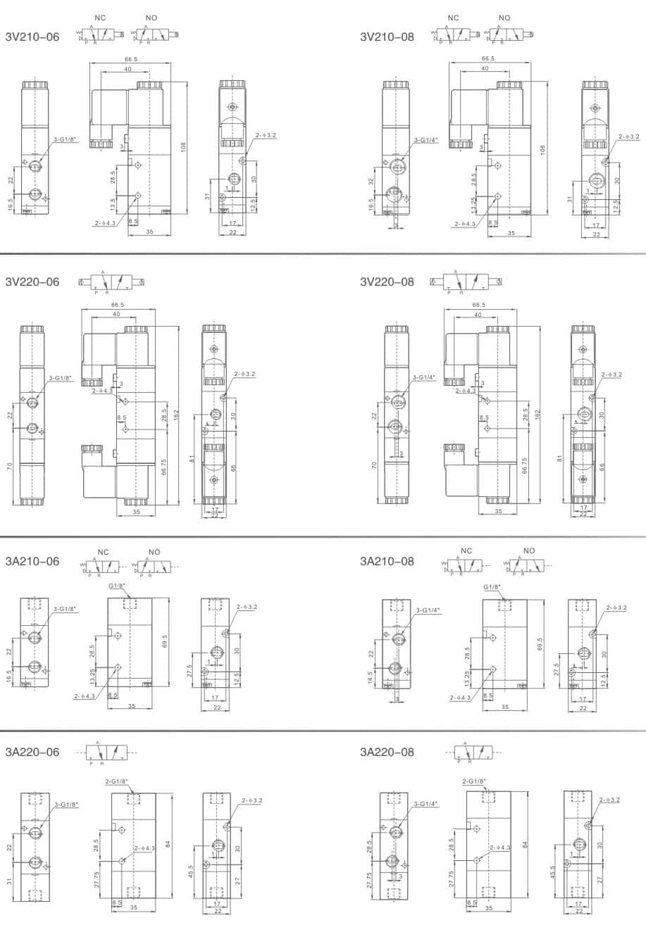 200 Series 3V and 3A valve mounting dimension drawing