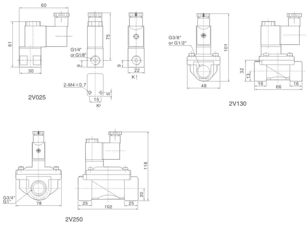 2V Series Direct Acting 2/2 Way Pneumatic Solenoid Valve (Normally Closed) dimension reference drawing
