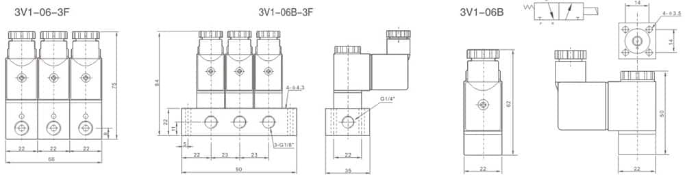 3V1 Series 3/2 Way Pneumatic Solenoid Valve dimension reference drawing