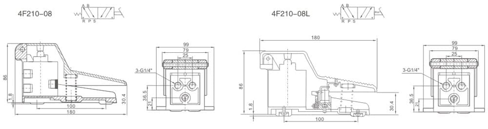 4F210-08 and 4F210-08L foot pedal valve mounting dimension reference drawing