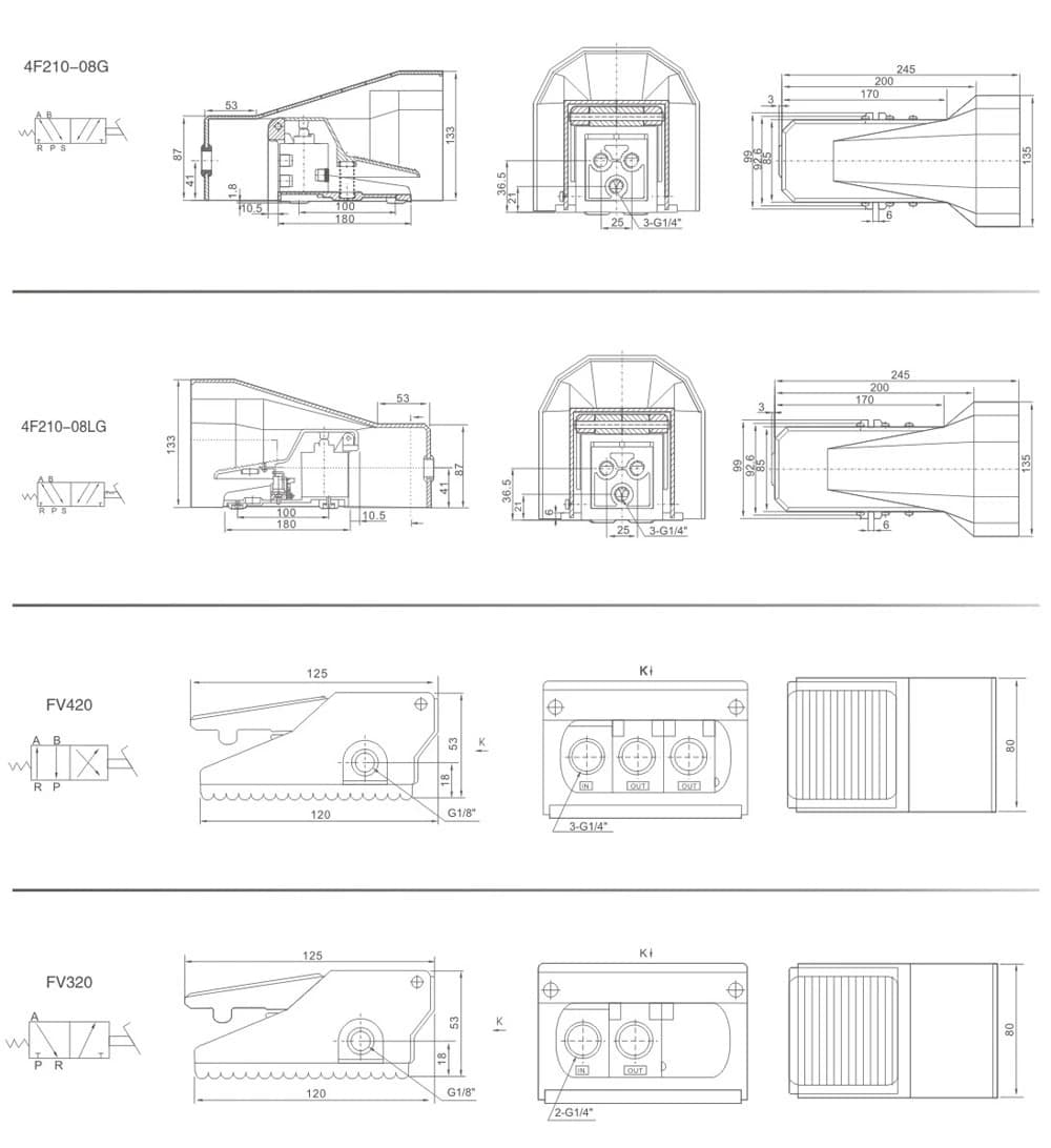 4F210-08G, 4F210-08LG, FV420, and FV320 foot pedal valve mounting dimension reference drawing