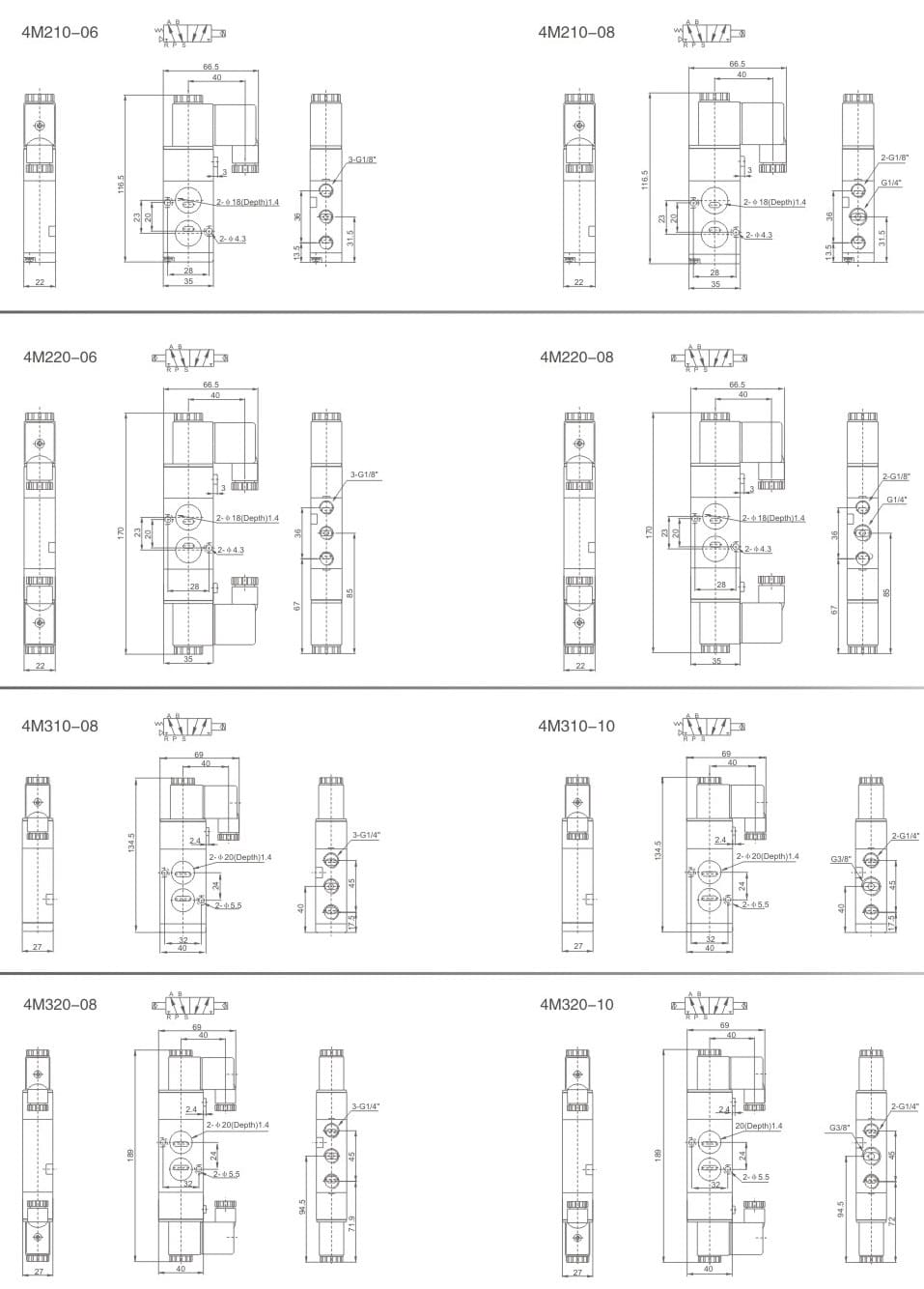 4M Series plate-type solenoid valve mounting dimension drawing