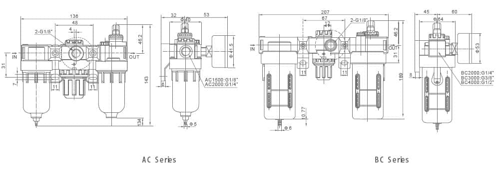 AC and BC series modular pneumatic F.R.L. units dimension reference drawing