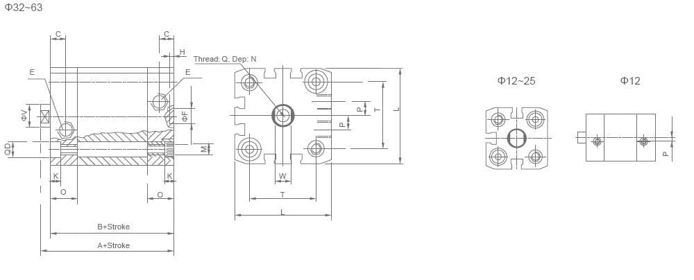 ADN ISO21287 compact cylinder mounting dimension drawing