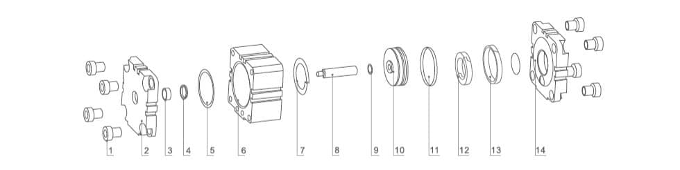 ADVU Series Compact Pneumatic Cylinder Assembly Kits numbered parts and material reference drawing