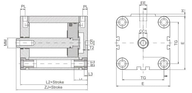ADVU compact cylinder standard mounting dimension drawing