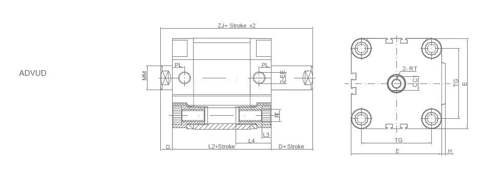 ADVU compact cylinder through-hole mounting dimension drawing