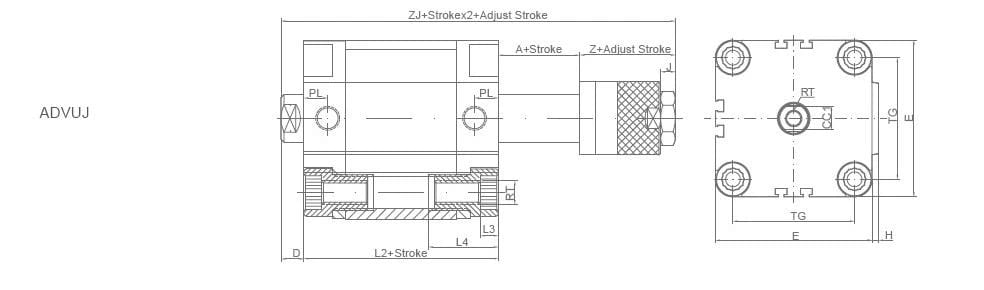 ADVU compact cylinder extended body mounting dimension drawing