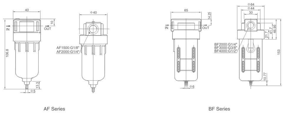 AF and BF Series Pneumatic Air Filters AF1500 AF2000 BF2000 BF3000 BF4000 dimension drawing